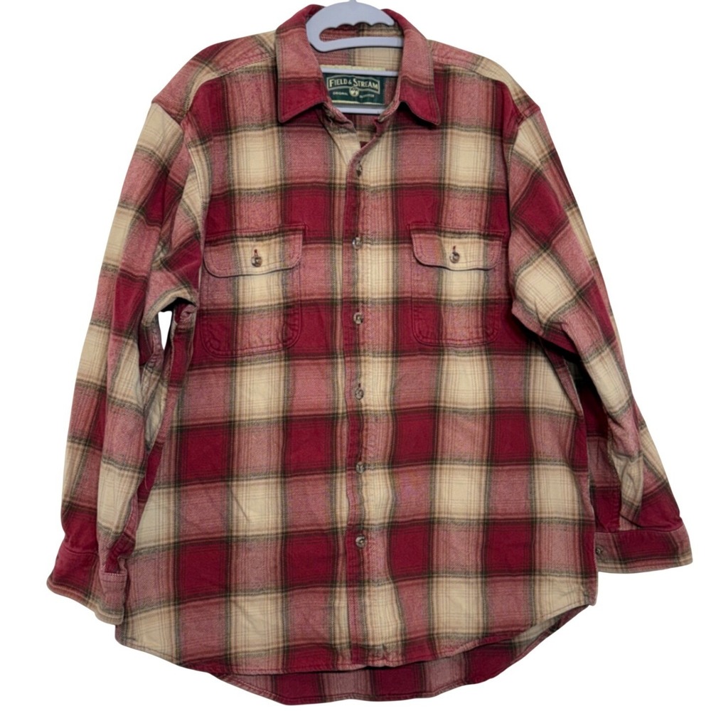 Field & Stream Mens Plaid Flannel Shirt Red Beige Button‎ Up Casual Warm Heavy L